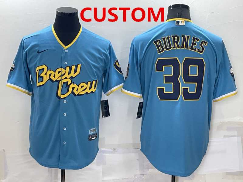 Men%27s Milwaukee Brewers Custom Blue 2022 City Connect Cool Base Stitched Jersey